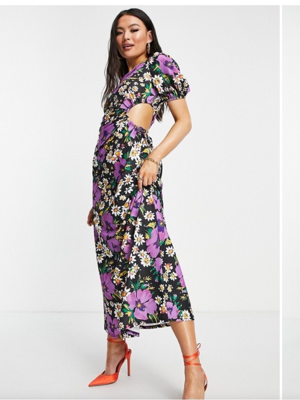 Floral Cutout Midi Dress in Black and Purple